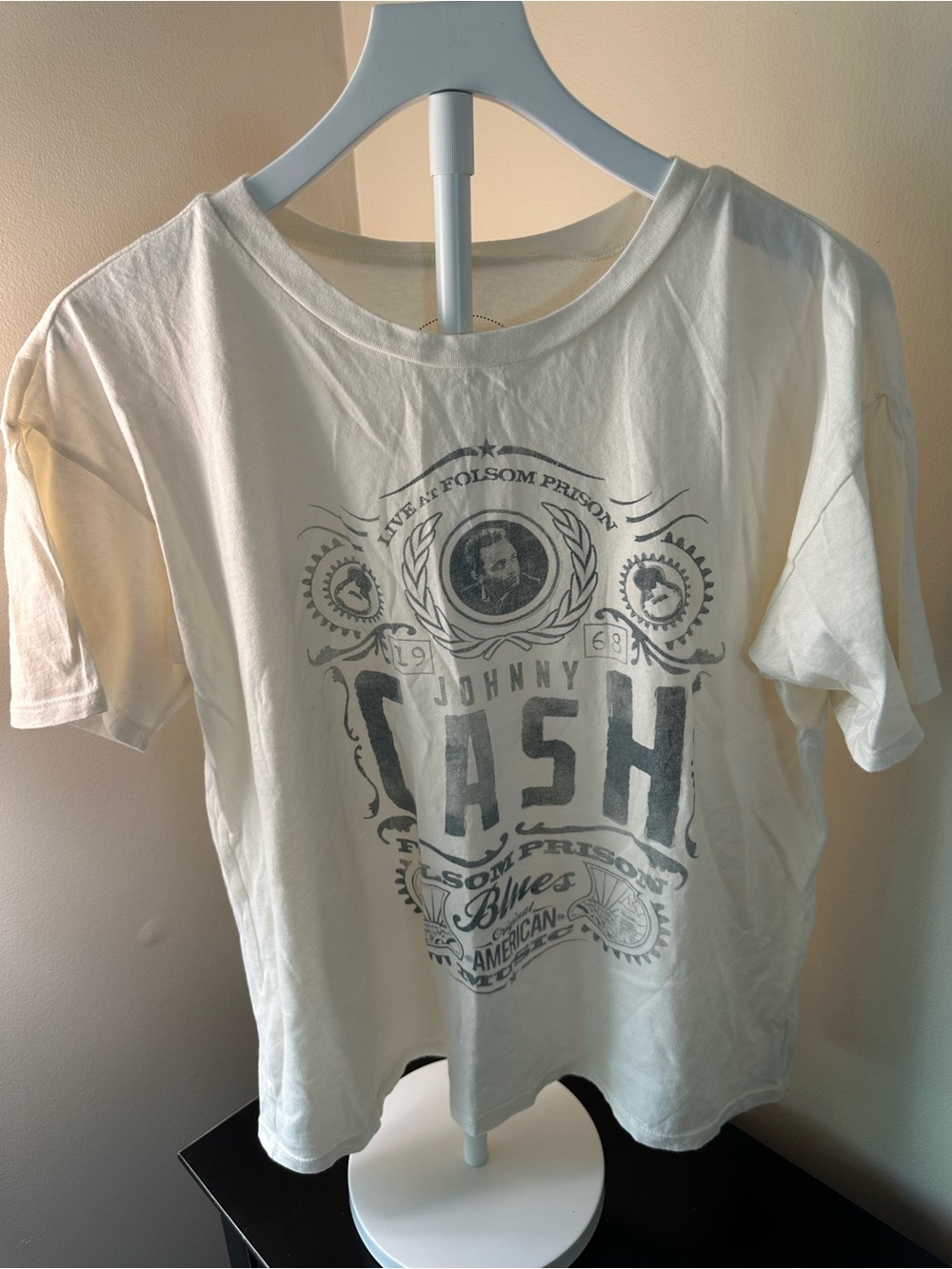 Johnny Cash Folsom Prison Graphic Band Tee in Off-White with Faded Gray Print